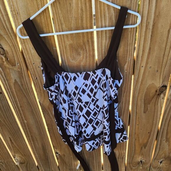 AGB Brown White Strappy Blouse Tie Waist Women's Medium Y2k - Picture 5 of 6